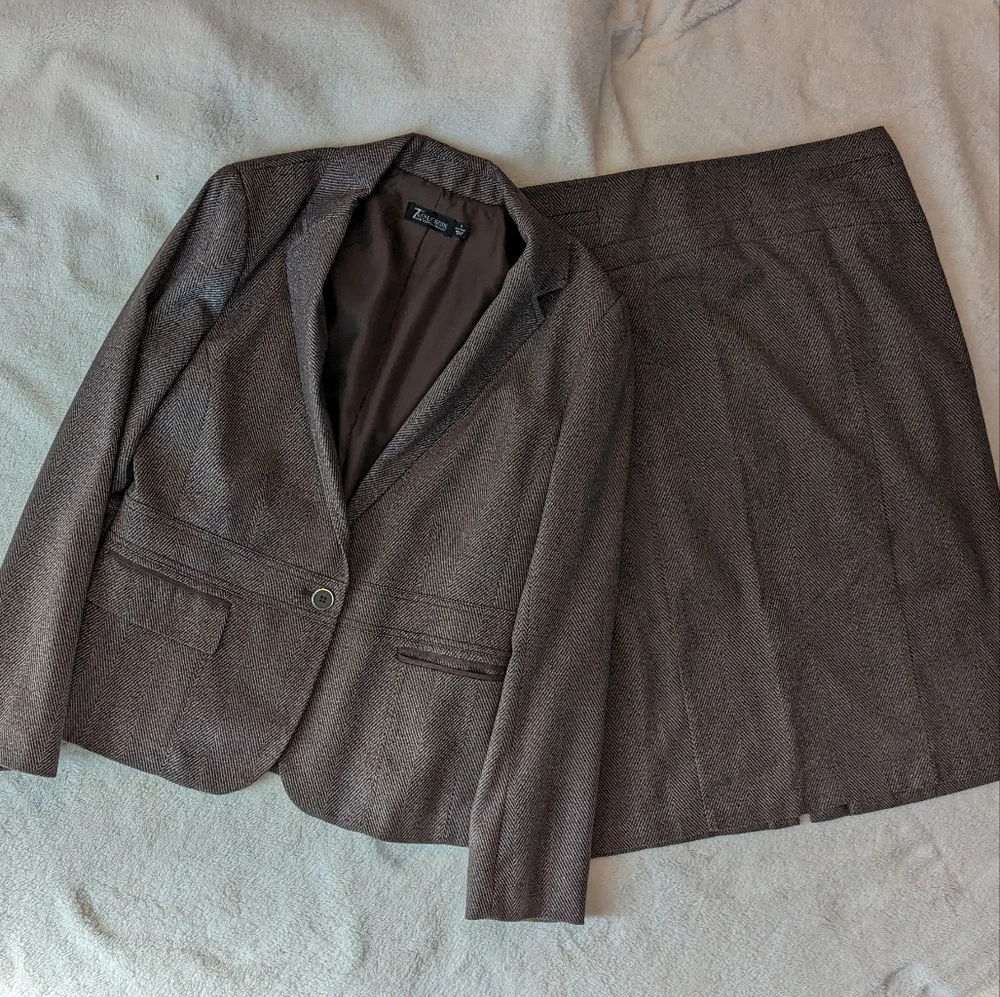 Chocolate brown tweed skirt suit jacket sz 8 skirt sz 12 - Picture 15 of 16